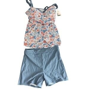 NEW B2PRITY Tankini Swimsuit Floral Top Blue Boy Shorts Set Women XL NWT